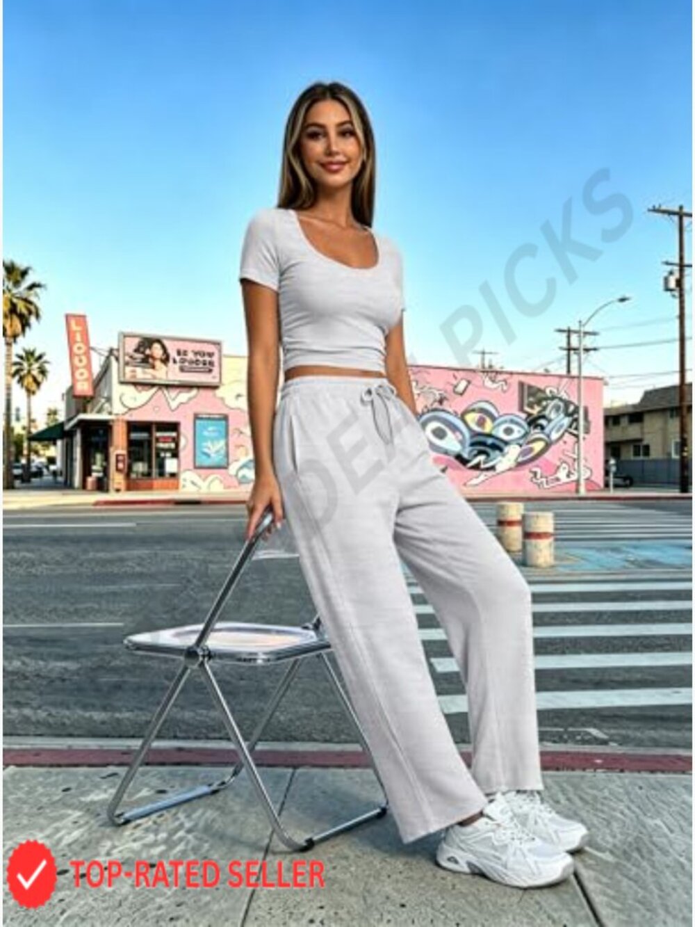 2 Piece Square Neck Casual Suit Wide Leg Pants Side Ruching Crop Top Sweatsuit - Picture 6 of 6